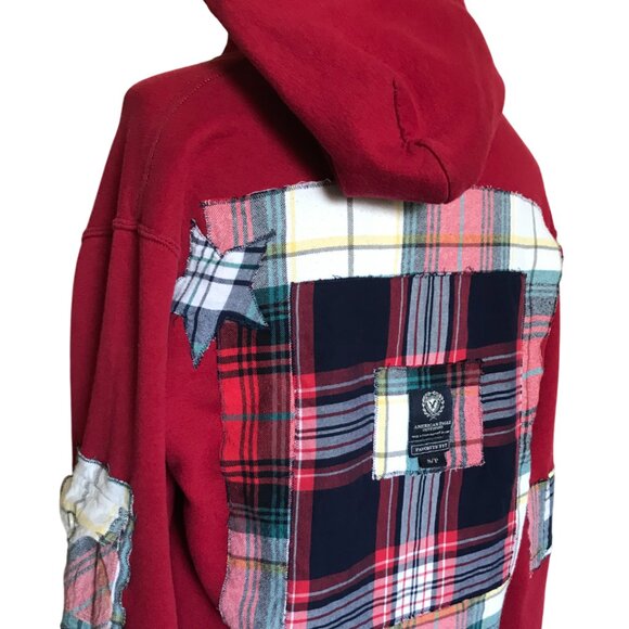 Upcycled Patchwork Hoodie, Size Medium: Red Plaid, Star Appliqués, Grunge Style - Picture 6 of 13
